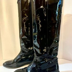 CHANEL Black Patent Leather Over the Knee Boots